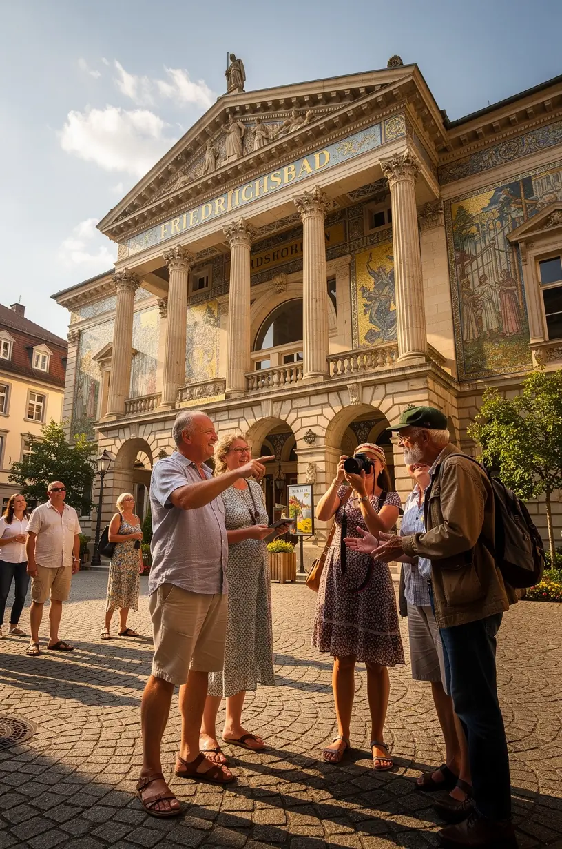 Historisches Badehaus mit kunstvoll gestalteten Fliesenwänden und originaler Architektur, eingebettet in das urbane Kulturumfeld Deutschlands.